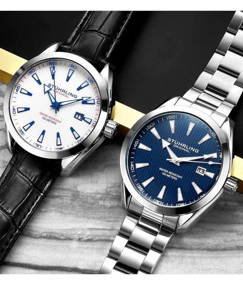 Stuhrling Original Blue Watch for Men Analog Watch Dial with Date - Stainless Steel Silver Bracelet, 3953 Mens Watch Collection - Image 5